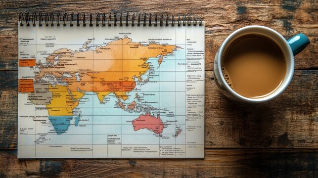 Business plan template on a desk with sticky notes and coffee, planning session, on simple background