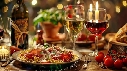 A romantic dinner table setting with pasta, wine, and candles at twilight