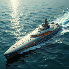 Polished silver sailboat gliding through shimmering ocean waters, surrounded by high-tech gadgets crafted from intricate Egyptian sandstone. The sleek exterior glows in warm sunlight, accompanied by t