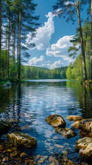Naklejka premium A summer landscape with a small lake in a forest