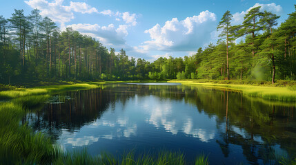 Fototapeta premium A summer landscape with a small lake in a forest
