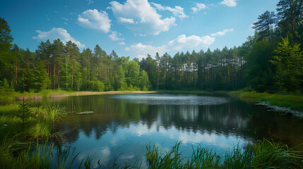 Obraz premium A summer landscape with a small lake in a forest