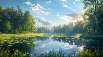 Fototapeta premium A summer landscape with a small lake in a forest