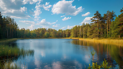 A summer landscape with a small lake in a forest