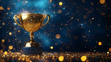 Golden trophy on blue background, sparkling stars and glitter, magical atmosphere, left side blank for copy space, celebratory mood, achievement concept, luxurious award, shimmering particles.