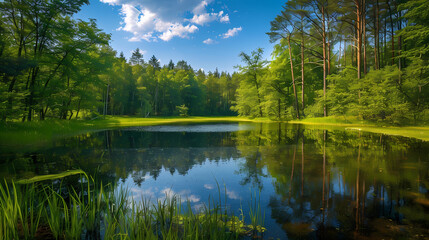 A summer landscape with a small lake in a forest