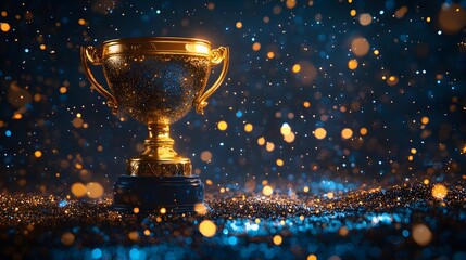 Obraz premium Golden trophy on blue background, sparkling stars and glitter, magical atmosphere, left side blank for copy space, celebratory mood, achievement concept, luxurious award, shimmering particles.