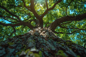 Fototapeta premium A towering ancient tree photographed from its base, capturing the rough texture of its bark and the expansive canopy of lush green leaves under a bright blue sky