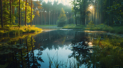 A summer landscape with a small lake in a forest