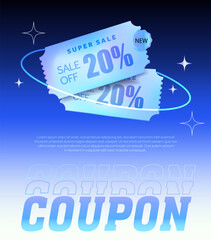 Super sale coupon banner template with hologram coupon code, percentage off, isolated on gradient background. 3d gift voucher poster design concept. 3d vector illustration. Vector illustration
