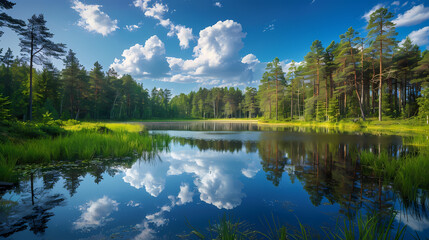A summer landscape with a small lake in a forest