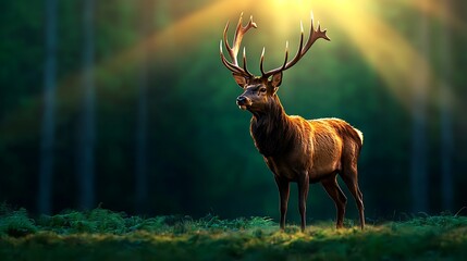 Obraz premium A red deer stag stands tall in the forest, antlers catching the sunlight in a majestic display.