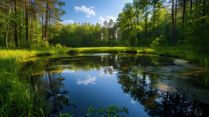 Obraz premium A summer landscape with a small lake in a forest