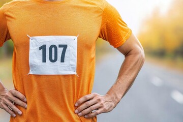 Marathon runner wellness concept. Close-up of a marathon bib number pinned to a runner s chest, with the runner s hands on their hips.