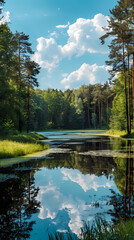 A summer landscape with a small lake in a forest