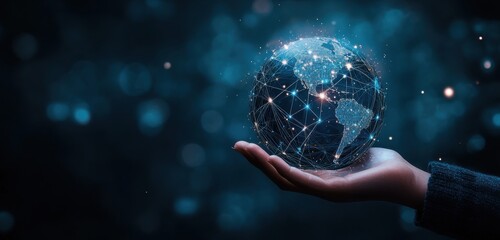 Hand holding digital glowing globe with network connections representing global communication and technology