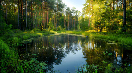 A summer landscape with a small lake in a forest