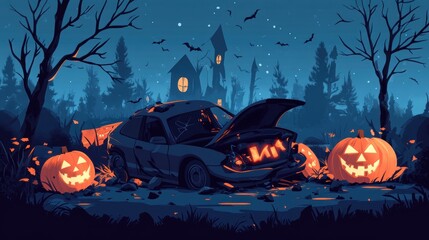Halloween-themed car accident, spooky scene with a warning against drunk driving, flat design illustration