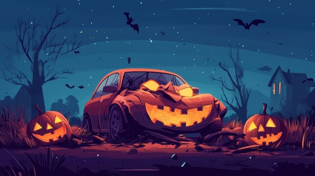 Halloween-themed car accident, spooky scene with a warning against drunk driving, flat design illustration