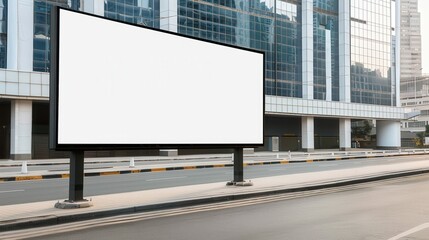 Obraz premium Urban Billboard in Cityscape, an empty roadside billboard framed by sleek modern architecture, highlighting the potential for urban advertising opportunities in a bustling metropolis.