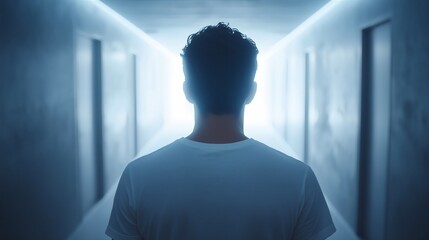 a man in a hallway with a light beam at the end of it 