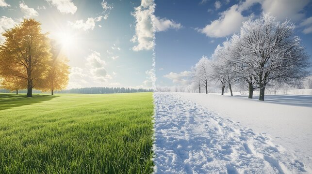 a contrast between summer and winter shown on a landscape