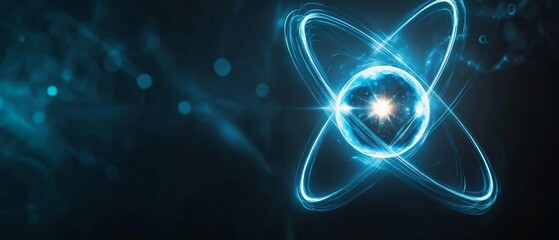A close-up of a glowing atomic model with electrons orbiting the nucleus
