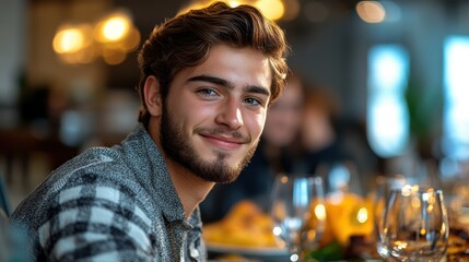 A young man with a charming smile, dressed in a casual checkered shirt, enjoys a delightful evening at a warmly lit, elegantly set dining table