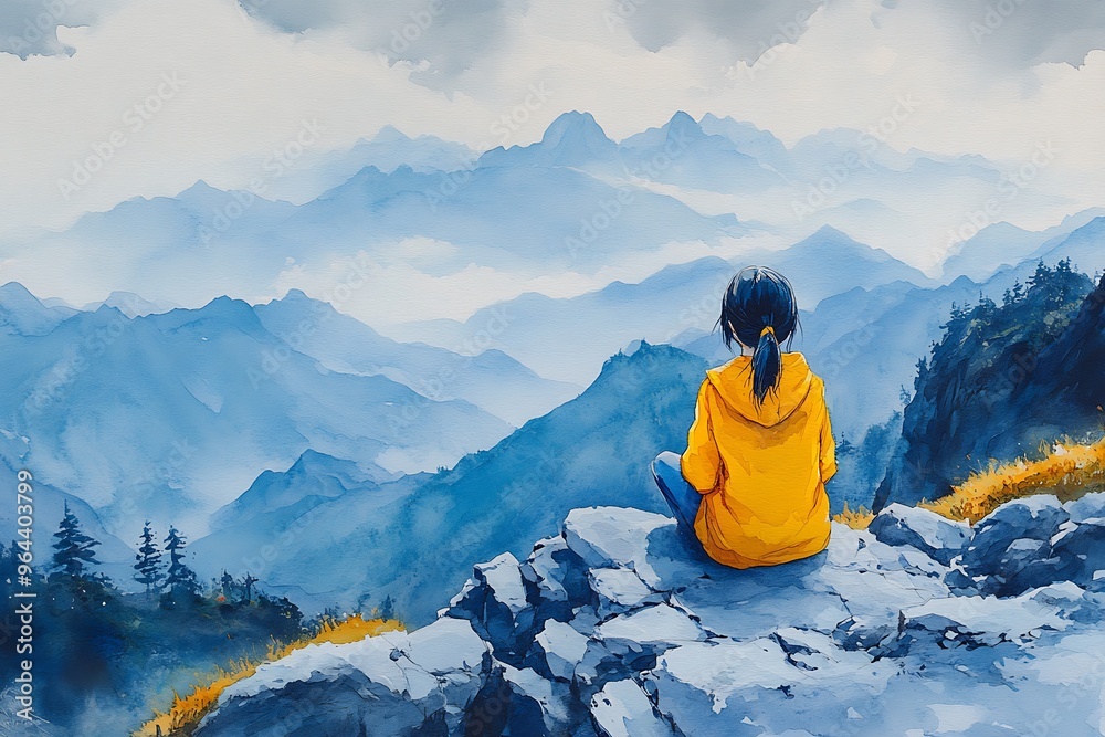 Sticker Woman sitting on a mountaintop overlooking a vast, blue mountain range.