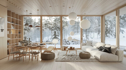 Living Room with minimalist furniture. natural wood accents. snowy landscape in photorealistic	
