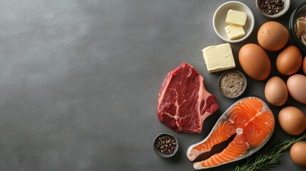 Naklejka premium Steak, salmon, butter, eggs, and spices on a gray surface. Ideal for high-protein carnivore or keto diets.