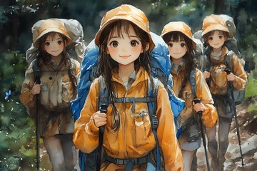 Fototapeta premium Four friends on a hiking adventure, smiling at the camera.