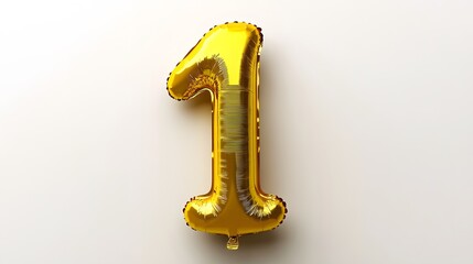 Obraz premium Yellow metallic balloon number 1, 3D rendering, shiny foil texture, minimalist white background, celebration concept, high-resolution, photorealistic, soft shadow, birthday party decoration.