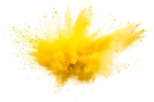 explosion of dry yellow paints on a transparent background. cloud and paint particles. Holi paint