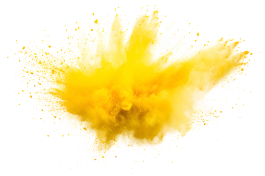 explosion of dry yellow paints on a transparent background. cloud and paint particles. Holi paint