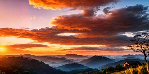 Serene sunset over mountain landscape with golden sunlight and calming orange skies, creating a peaceful atmosphere perfect for relaxation and capturing the tranquil beauty of summer