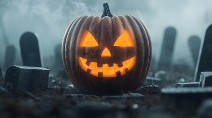 A spooky Halloween pumpkin glowing in a misty graveyard, perfect for capturing the essence of the eerie holiday season.