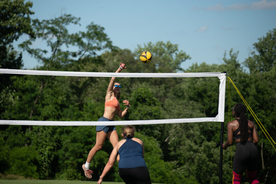 Diverse group of volleyball players playing grass doubles on a sunny day