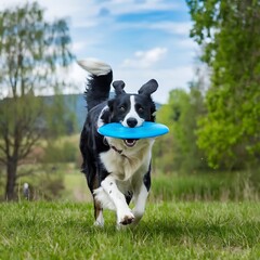A happy, wagging tail of a border collie as it runs through a scenic park with a frisbee in its mouth