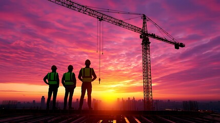 Silhouettes of construction workers stand against the sunset, cranes and the city skyline stretching behind them.