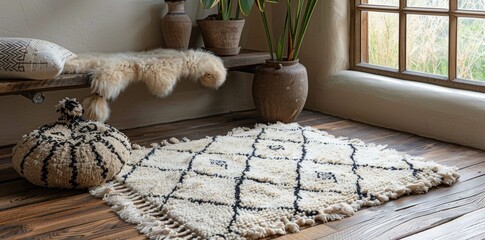 Moroccan Berber rug with intricate tribal patterns and earthy hues on pristine white surface reflecting cultural heritage and craftsmanship. Ethnic decor concept