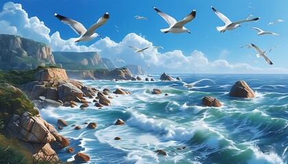 The picturesque coastline, huge rock cliffs meet the rough ocean, and seagulls soar in the blue...