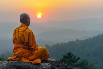 Fototapeta premium Buddhist monk sitting on the mountain and looking at the sunset