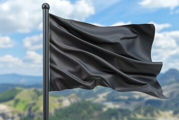 A black flag waving in the wind against a background of green hills and blue sky. The flag is a symbol of mourning, protest, or anarchy. 