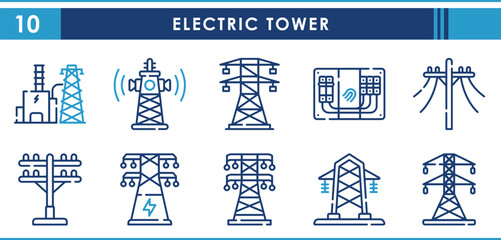 A set of line icons related to Electric Tower. Electric, poles, power station, electricity, high voltage, distribution, and so on. Vector outline icons set.