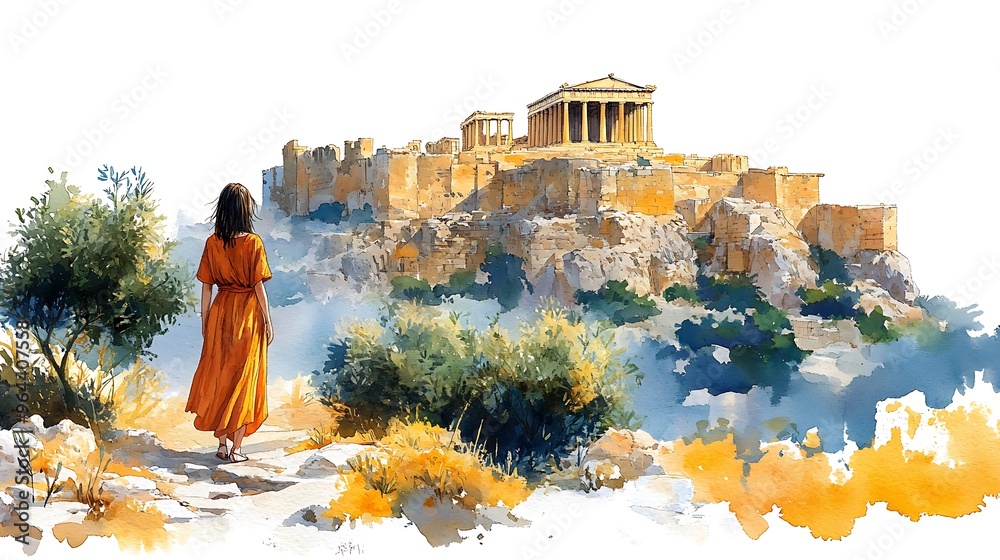 Wall mural Woman in Orange Dress Walking towards the Acropolis in Athens, Greece Watercolor Illustration.