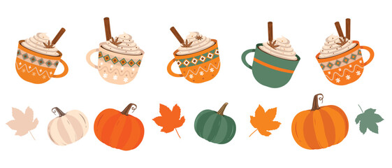 Vector flat autumn flat design elements. Pumpkins, leaves, hot coffee cups, cinnamon, vanilla flowers and dry leaves. Halloween, Thanksgiving Holiday concept creative decorations set Collection design