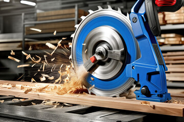 Circular saw cutting a wooden board.