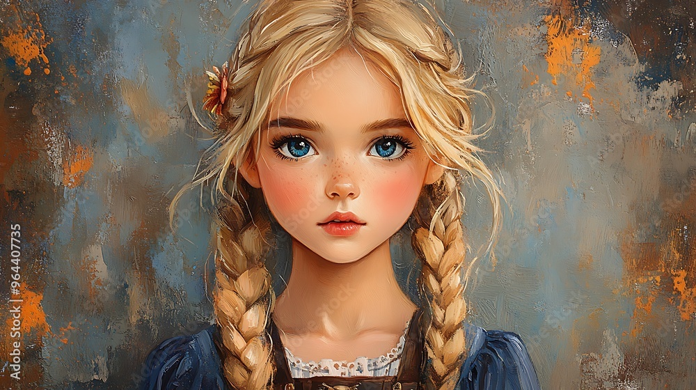 Sticker Portrait of a Young Girl with Blue Eyes and Blonde Braids.