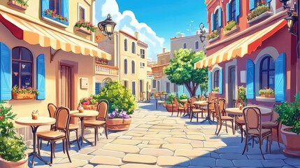 Fototapeta premium A sunny day at a charming cartoon town cafe with outdoor seating and freshly baked goods, the empty tables awaiting cheerful customers.